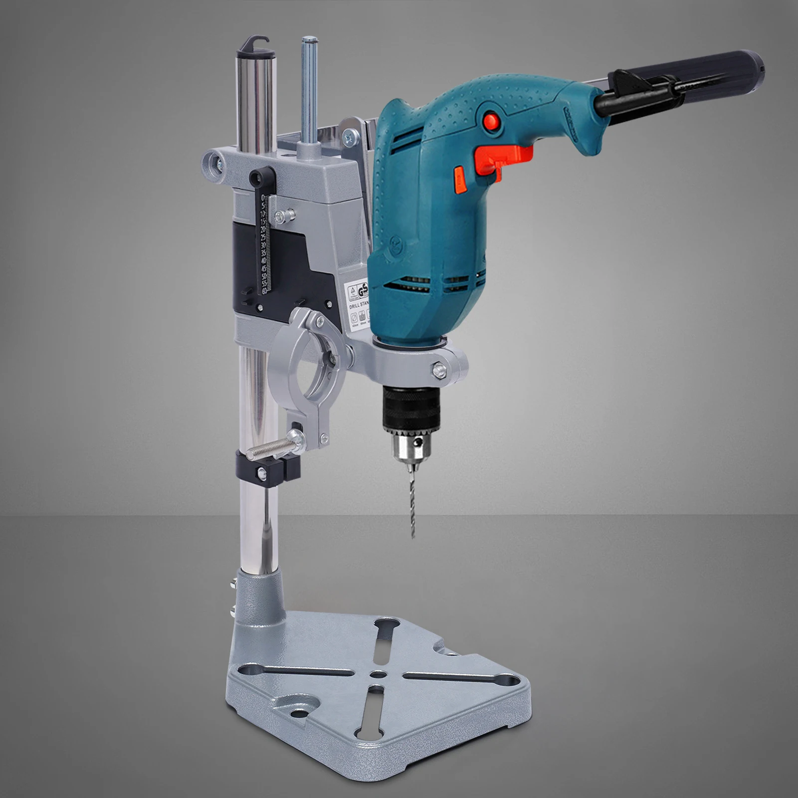 Adjustable Portable Drill Press Stand Sturdy Aluminum & Iron Bench Clamp Holder w/Cross Base, 0-60mm Drilling Depth