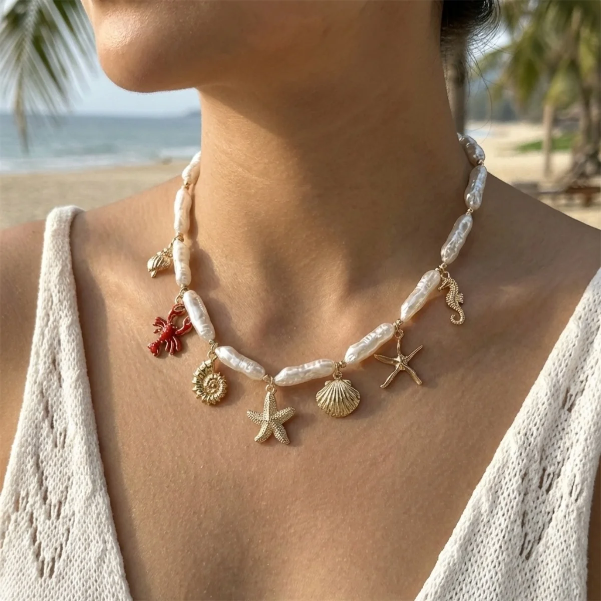 Boho Seestern Muschel Seepferdchen Hummer Anhänger Halskette für Damen und Herren, unregelmäßige Imitationsperle, Ozean-Strand-Choker-Schmuck – Detail 7