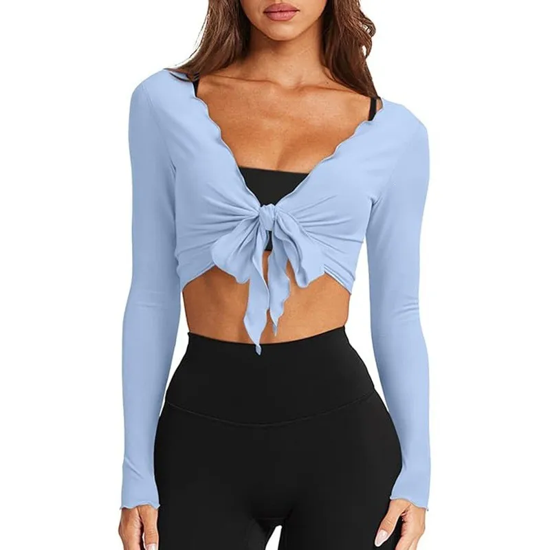 Long Sleeve Slim Fit Top Short Length Sexy with Tie Closure American and European Style Long Sleeve T Shirt T Shirts for Women