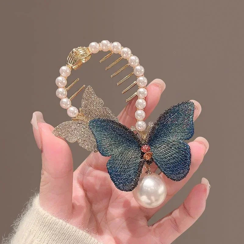 

Fashion Headwear Temperament Ball Hair Clip Hand-Embroidered Butterfly Pearl Ponytail Clip Headdress Head Buckle Accessories