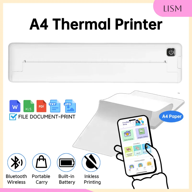 LISM Portable Printer Wireless Bluetooth A4 Thermal Paper Printer 200dpi USB Rechargeable Office Inkless Thermal Printer