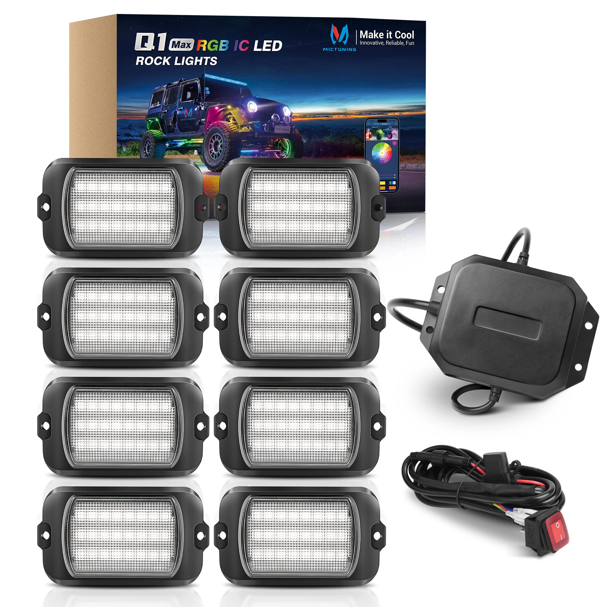 MICTUNING Q1 RGB+IC Rock Light Kit,8-Pod Multi-Colour Spotlights for Off-Road Use, Underbody Decorative Lights, Glowing Effect