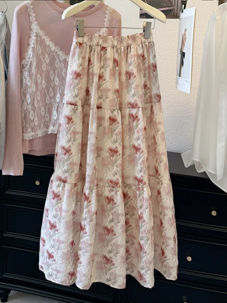 

Retro Floral Skirt For Women 2025 Summer New Fashion Sweet A-Line Skirts Temperament Elastic Waist Long Skirt