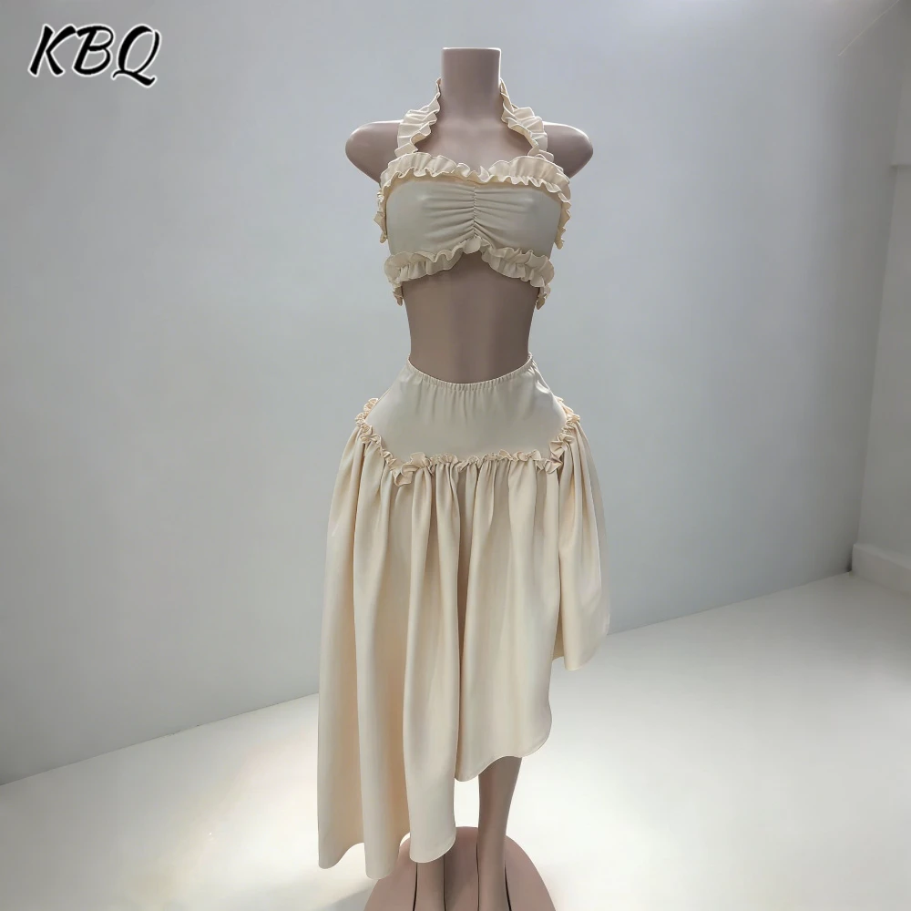 

KBQ Apricot Spliced Folds Two Piece Set Female Halter Sleeveless Vest Elegant Irregular Women's Skirt Sets Summer Fashion Style