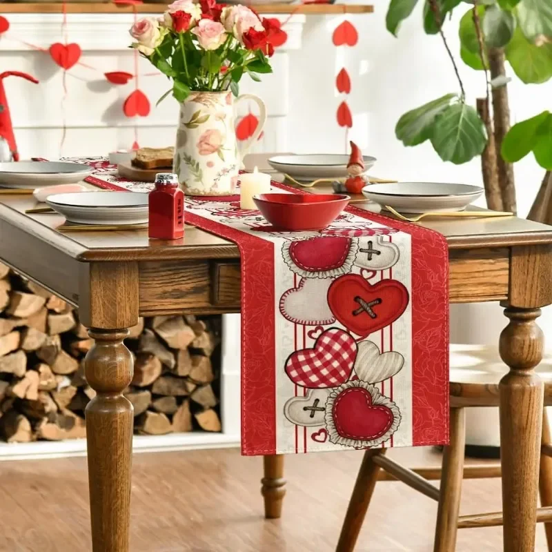 Valentine's Day Red Love Heart Buttons Linen Custom Table Runners Holiday Party Decor Kitchen Dining Wedding Decorations