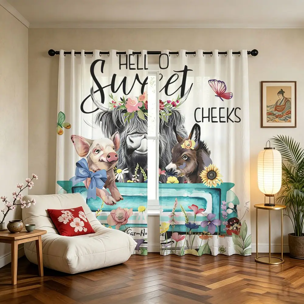 Farm Highland Cow Pig Printed Curtains 2 Panels Light Blocking Rate 85% Darkening Decoration Curtains Country Bedroom Drape