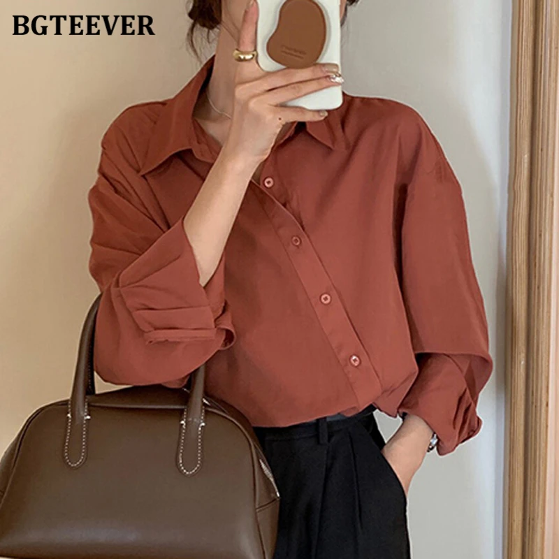 BGTEEVER Casual Lapel Single-breasted Women Shirts Autumn Long Sleeve Loose Female Solid Blouses Elegant Wome