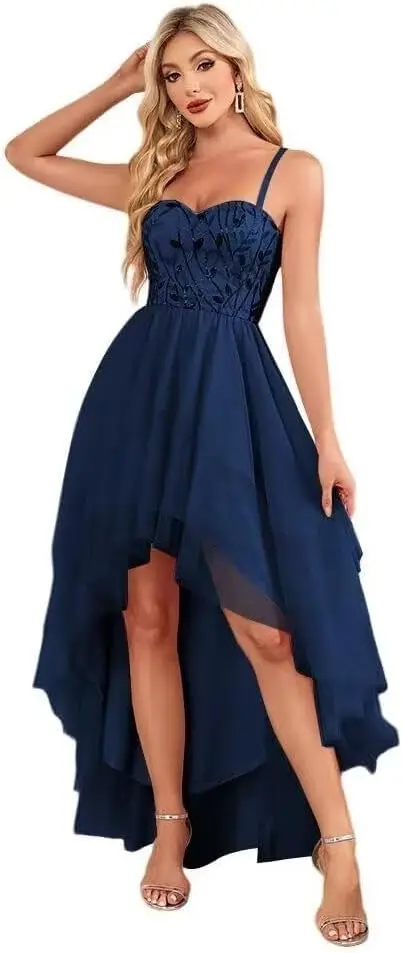 فساتين وصيفة العروس من الترتر على شكل حرف A من التول المطرز على شكل قلب وحزام سباغيتي فستان رسمي للحفلات للنساء للسهرات