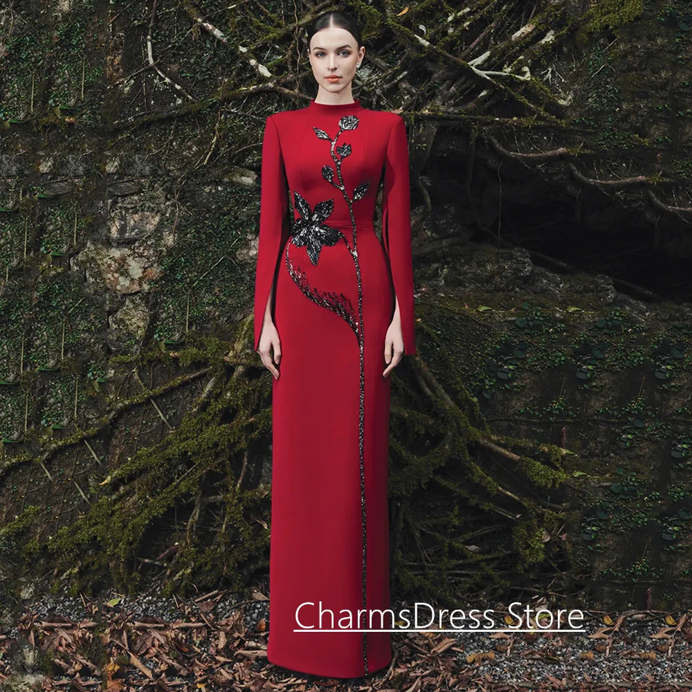 

Fashion Evening Dress for Weddings Customized High Neck Long Sleeves Beading Stone Floor Length Prom Gown Back Split