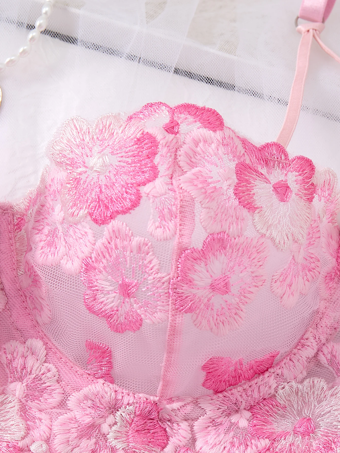 Women Pink Floral Embroidery L - Sheer Mesh Bra ulasan dan harga