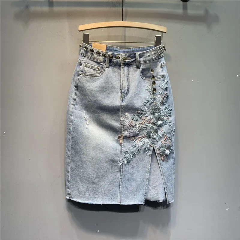 Y2k Original Summer New Heavy Craft Embroidered Flower Denim Skirt Fashion Street Style Light Blue Split Vintage Middle Skirt