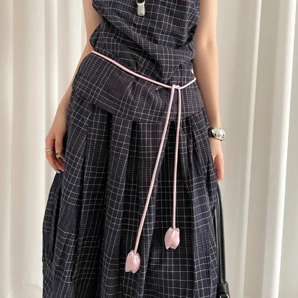 

Уникальный пояс из искусственной кожи с тюльпанами, длинный тонкий завязанный ремень для платья, круглый пояс с завязками в виде цветка, веревка на талии, ремень для свитера