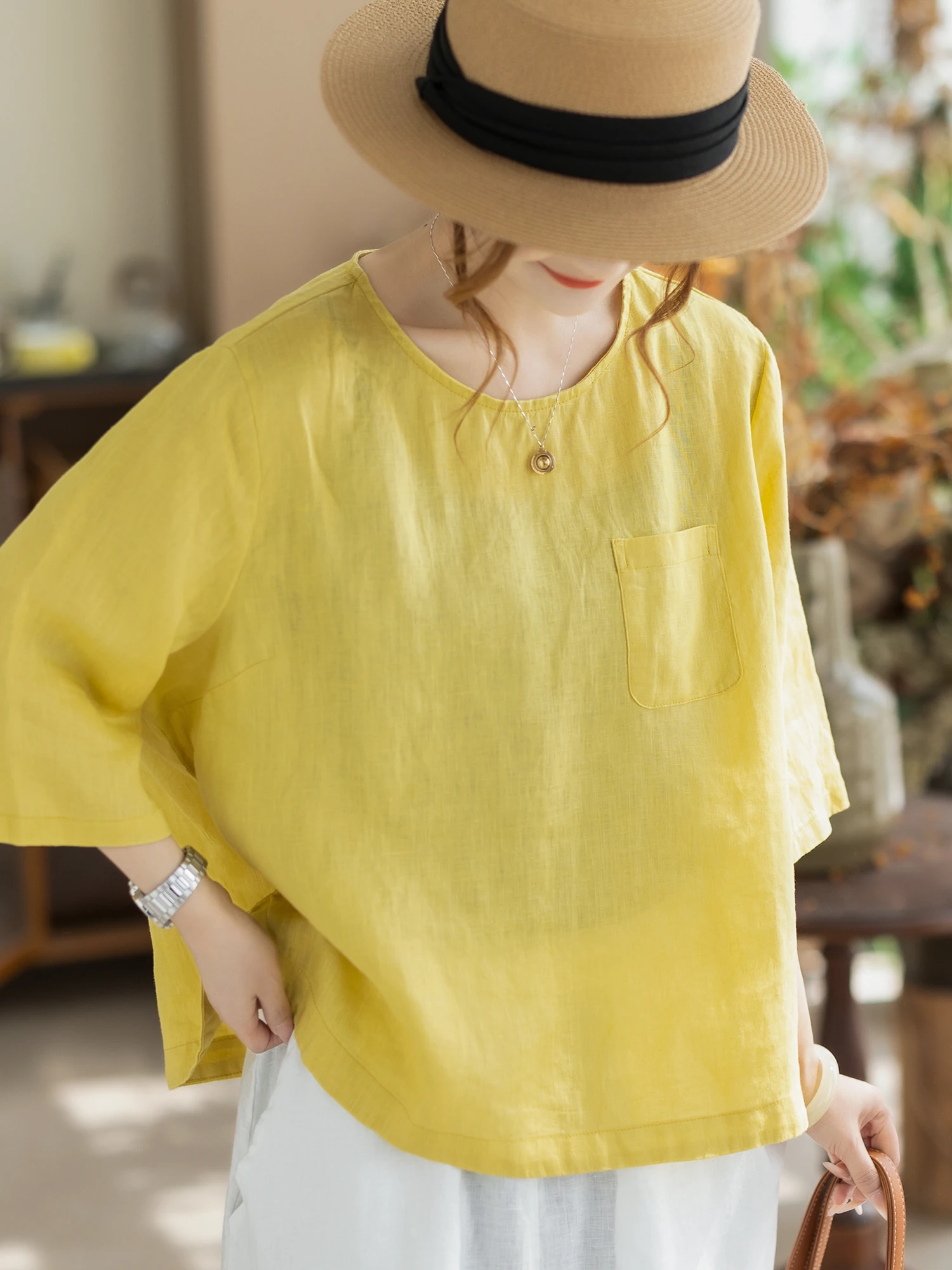 

Льняная вышитая повседневная рубашка с коротким рукавом Kamiyu, женская летняя тонкая легкая хлопковая футболка с круглым вырезом, стандартный крой