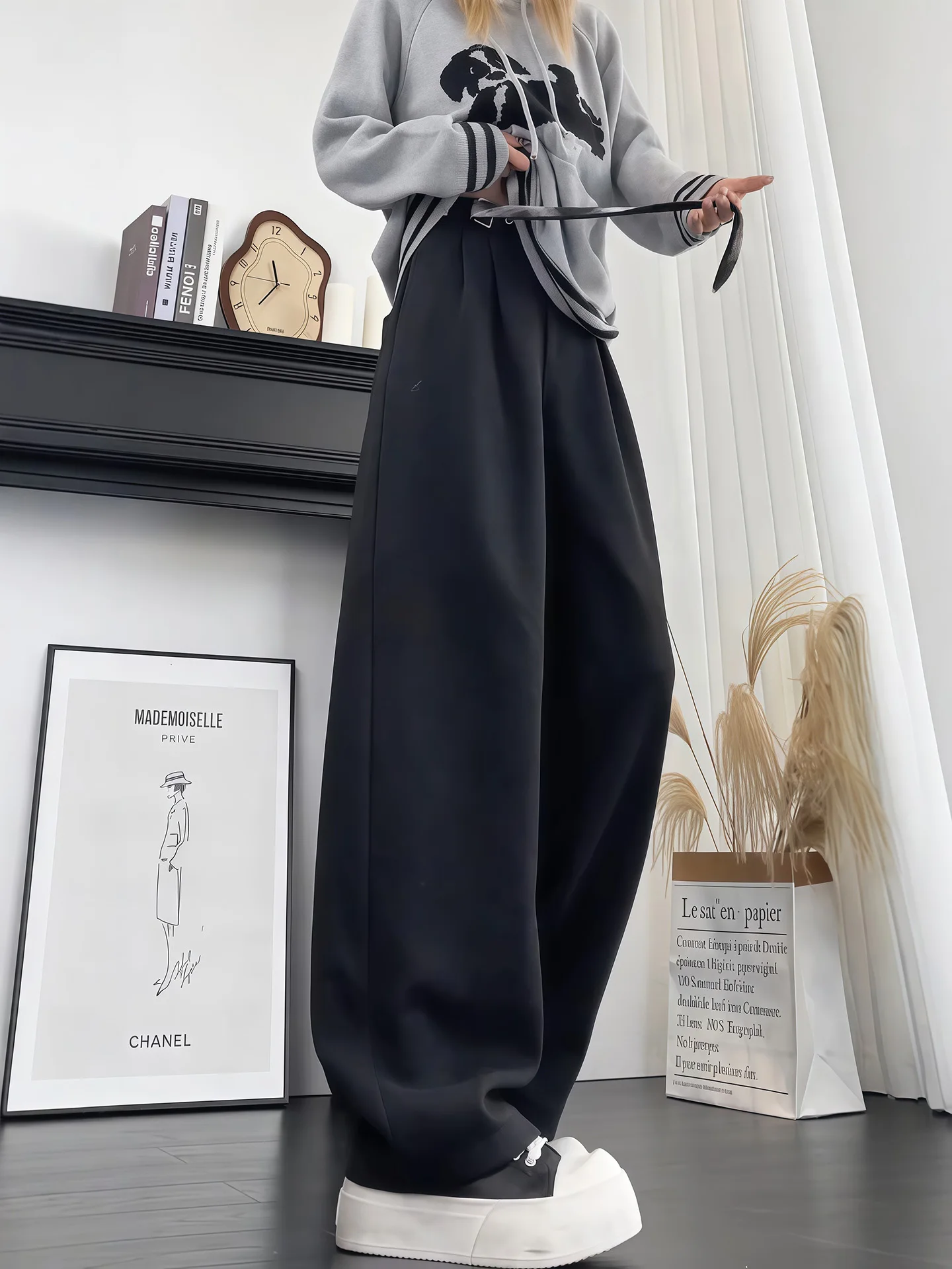 

Thiened Woolen Trousers with Belt Bla for Men And Women Casual Straight Leg Pants Fce Lined Wide Leg Lazy Sle Autumn...