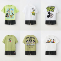 Mickey Mouse T Shirt Black Shorts Summer Clothes Set New Children Round Neck Tops+Shorts Casual Cute Tees All-match Shorts Suit