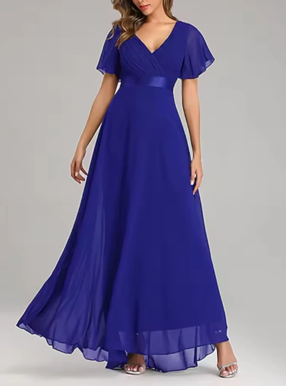 V Neck Short Sleeve Wedding Guest Floor Length Chiffon Bridesmaid Dress Ruched Ruffle Formal Evening Dress 2025 free customized