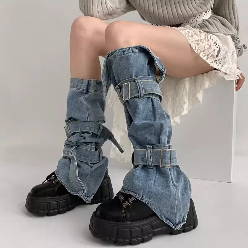 ReddaChic Y2k Vintage Denim Leg Warmers Women Bandage Belt Blue Solid Pocket Asymmetric Boots Cover Long Socks Korean Streetwear