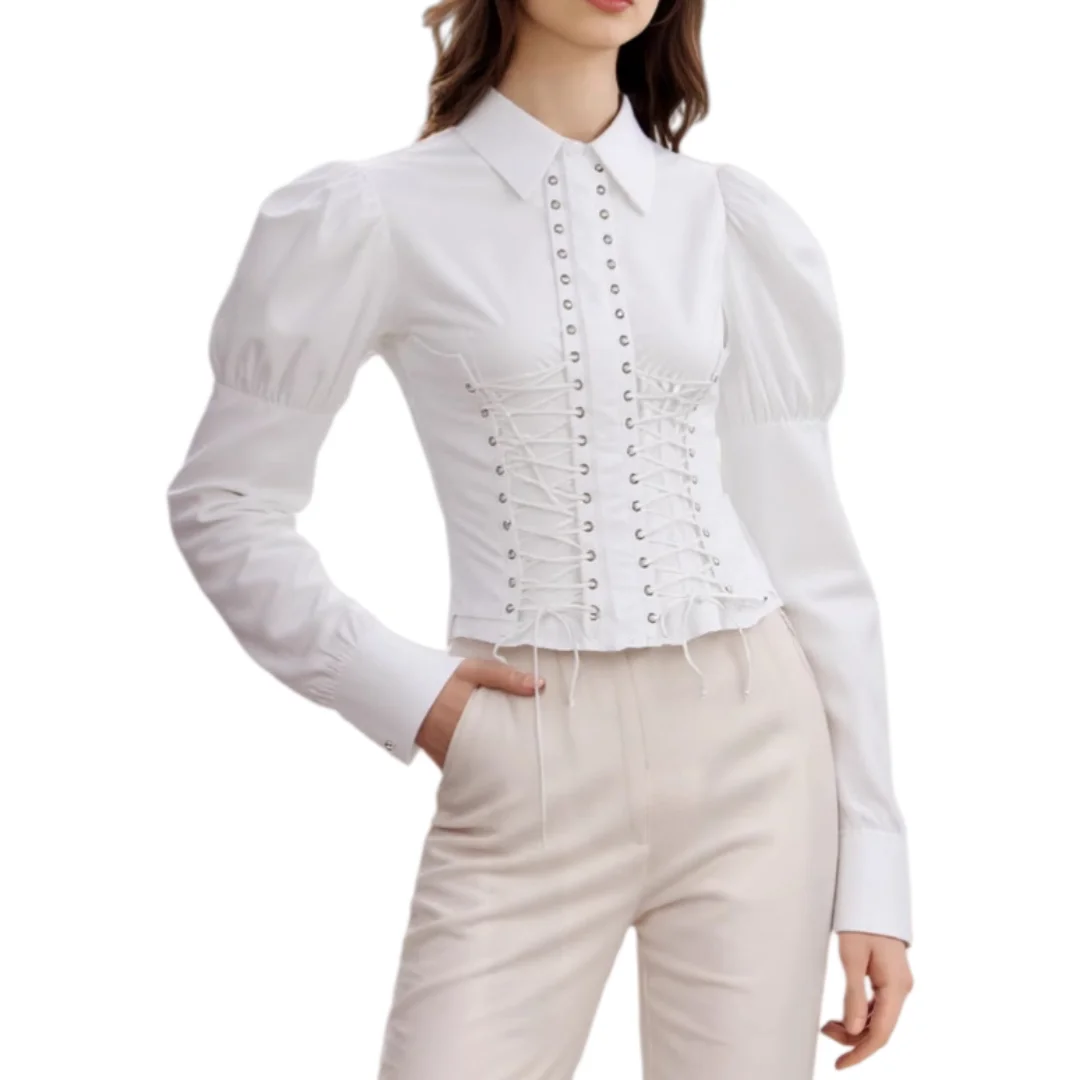 

Новая летняя блузка 2026 года с кружевной шнуровкой, рукавами-фонариками, завязками на талии, приталенная, с длинным рукавом, модная