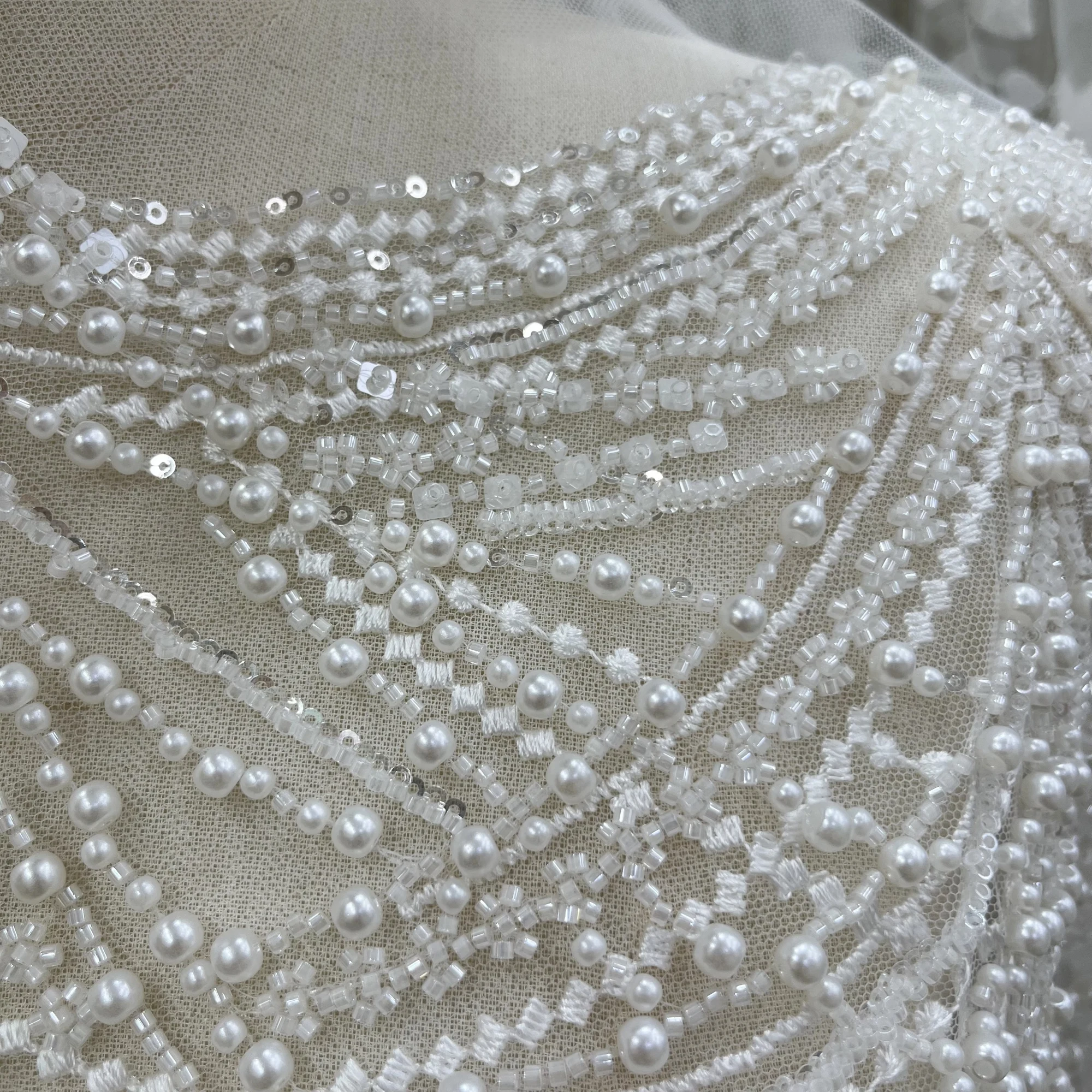Luxurious And Unique Multi-Size Sequin Beads Lace Embroidery Fabric, High-End Wedding Dress Fabric