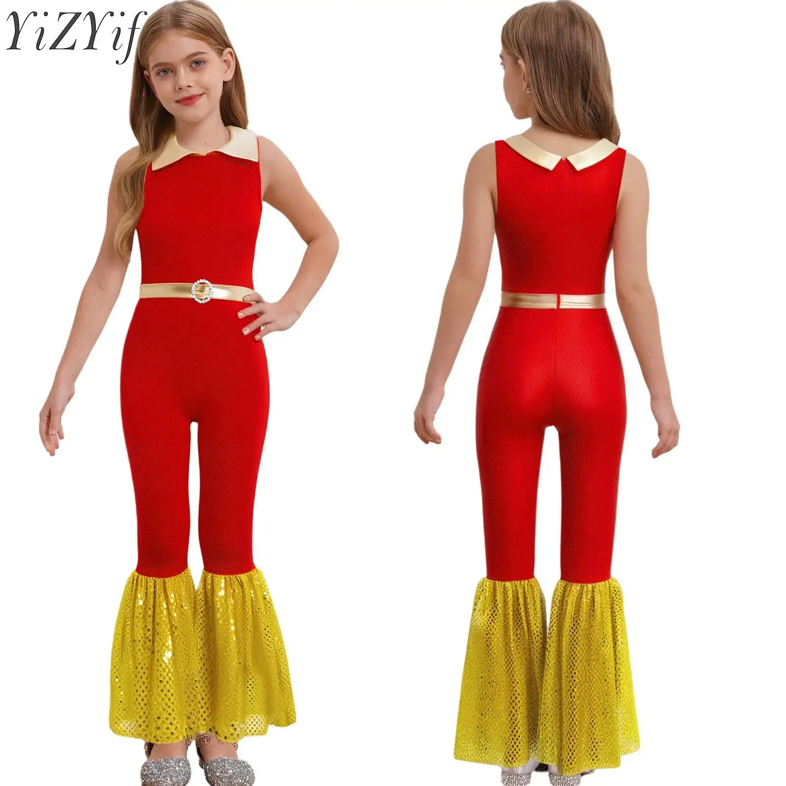 

Kids Girls Latin Jazz Dance Jumpsuit Performance Costume Sleeveless Metallic Sequins Bell-Bottomed Color Block Belted Romper
