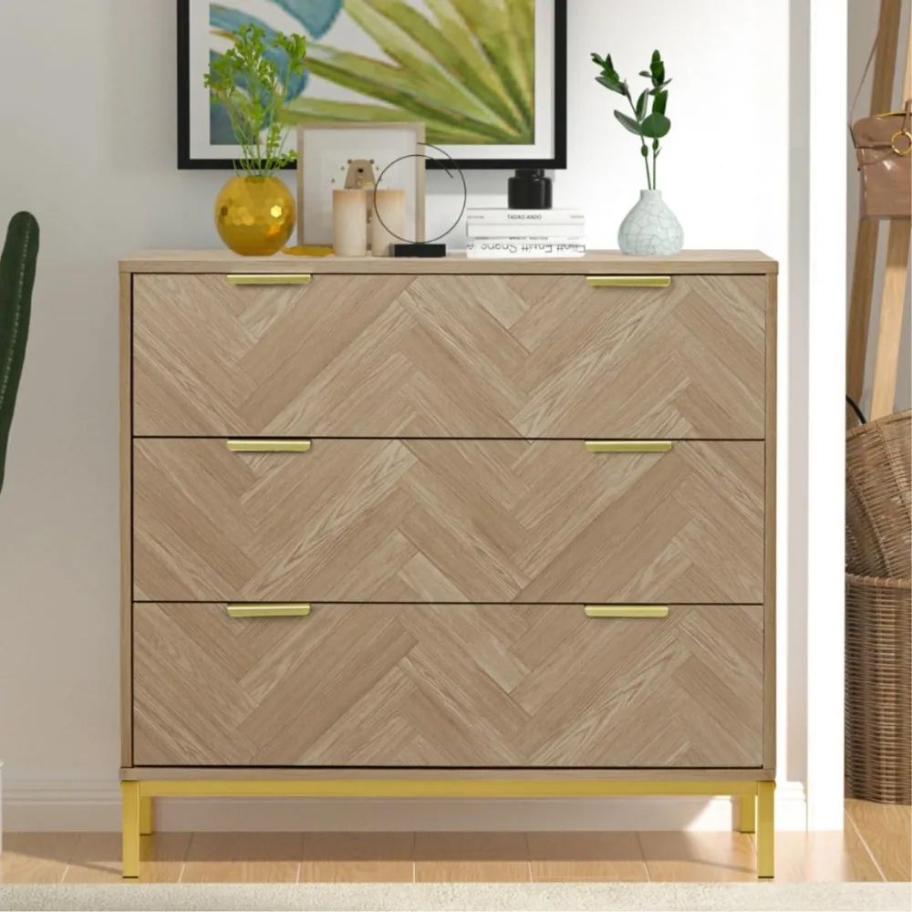 

Modern 3 Drawer Chest Dresser, Mid Century Natural Oak Organizer Bedroom Furniture with Gold Metal Legs