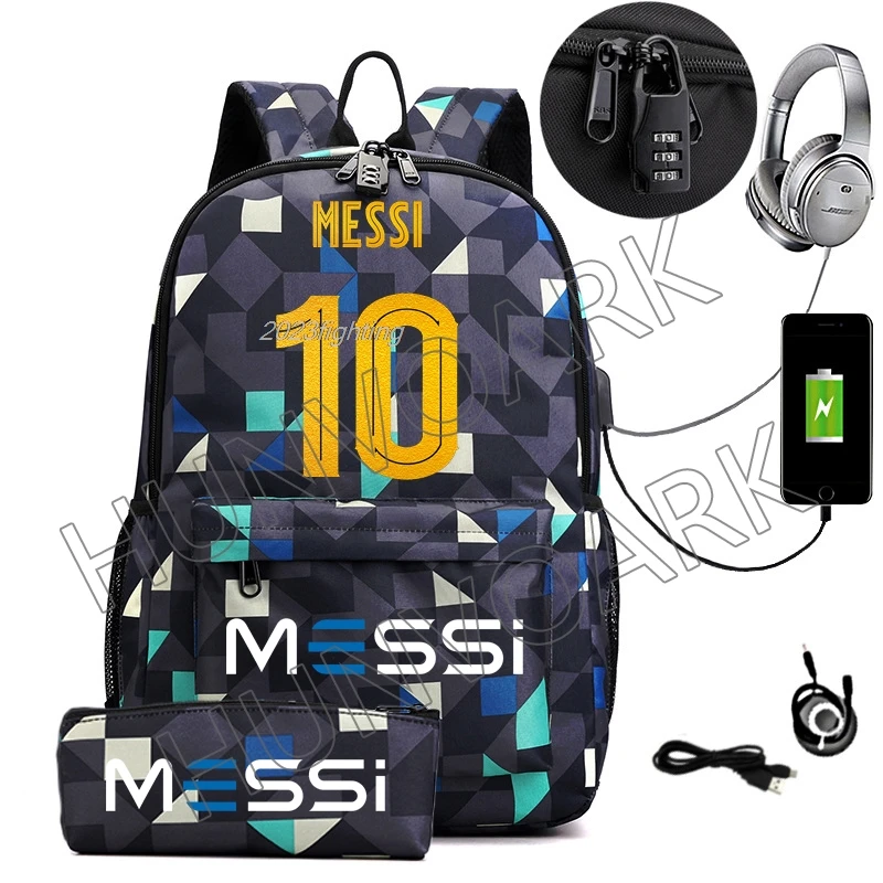 Mochila Messi con cerradura an-ti para hombre y mujer, morral informal para estudiantes de secundaria, capacidad para ordenador portátil, 2 piezas