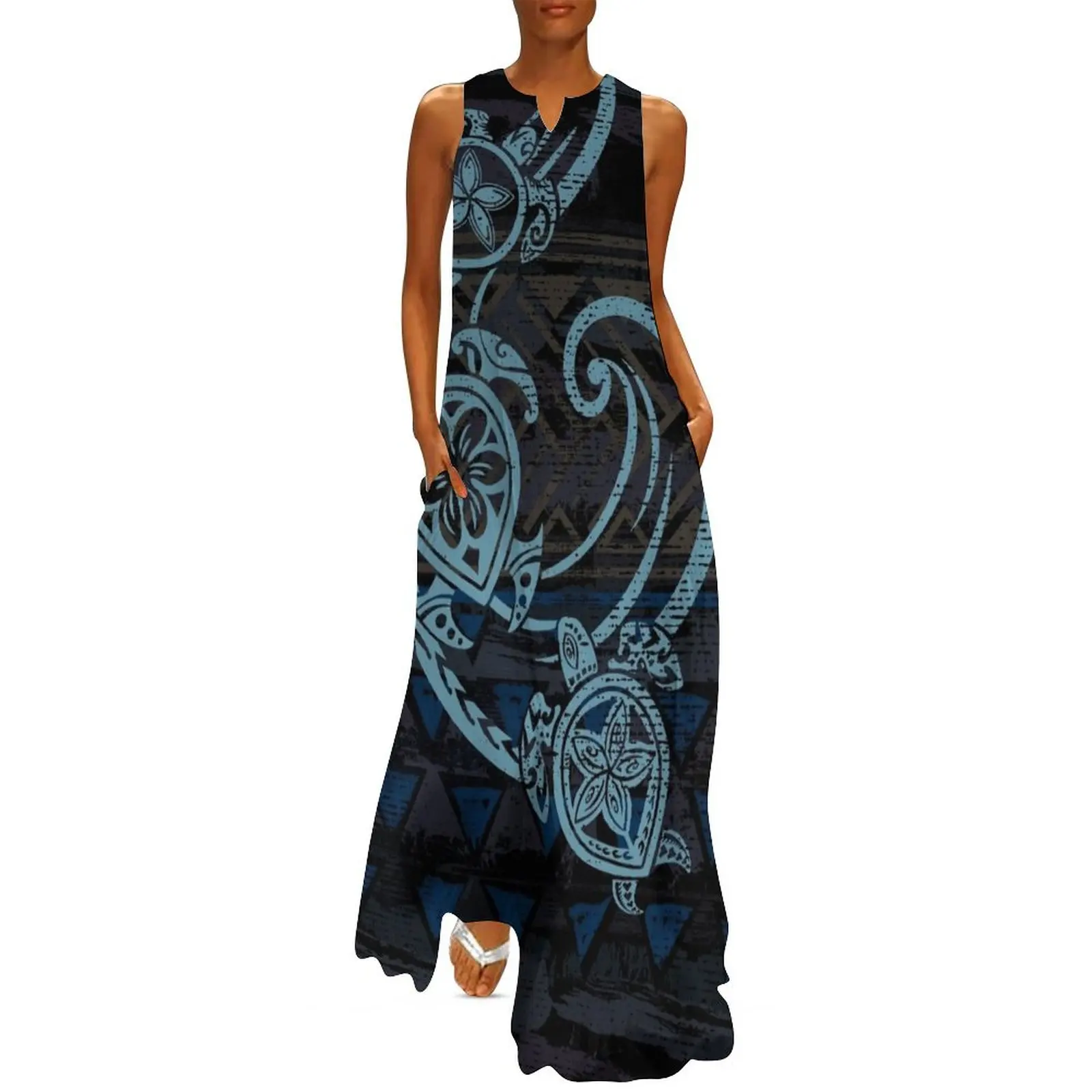 

Hawaiian Teal Tribal Turtles Long Dress summer women's suit Dresses gala