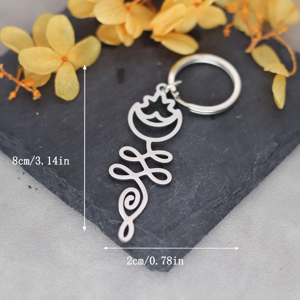 QIMING Crecent Moon And Lotus Unalome Keychains Women Stainless Steel Bohemia Jewelry Key Rings Men Party Gift