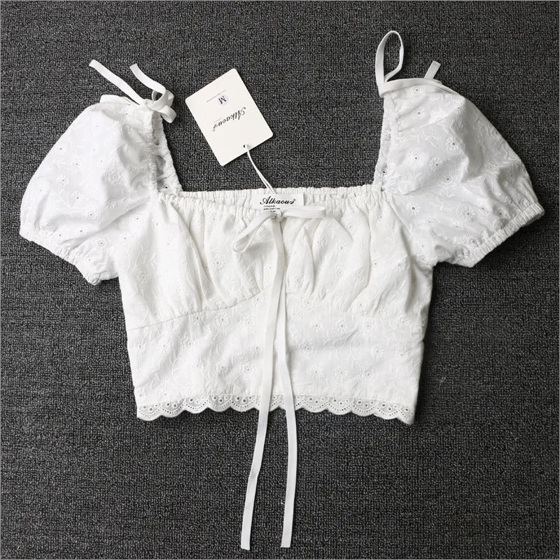 

New 2025 White Embroidered Lace Bustier One oulder Lantern Sve High Waist Slim ort Top Women's Faion Spring Summer