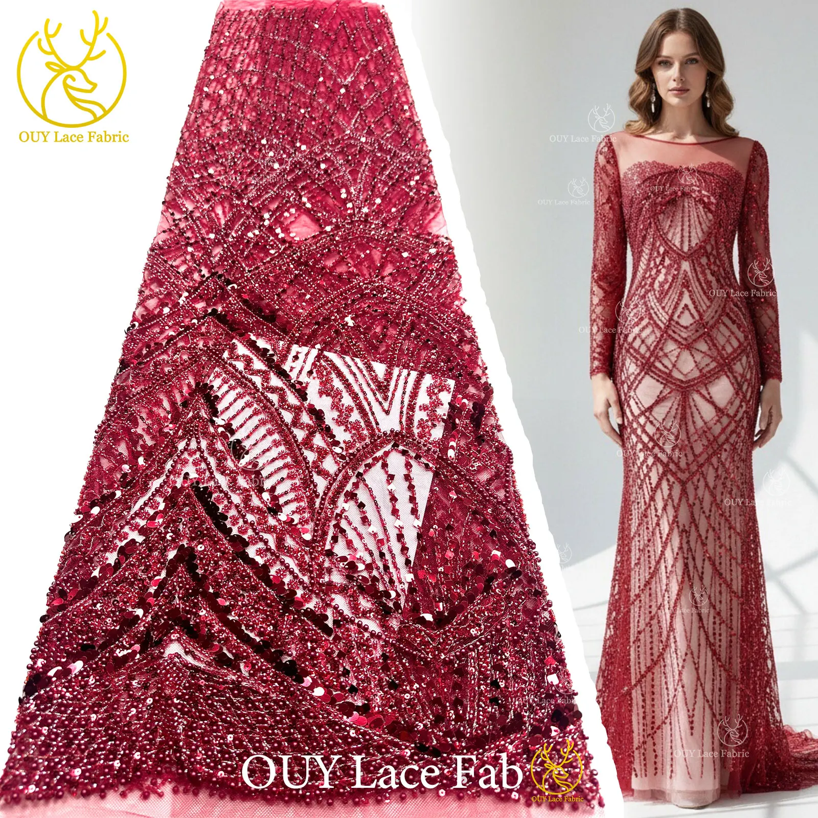 

Red African Beaded Lace Fabric 2026 High-Quality French Nigerian Sequined Lace Fabric Women's Wedding Party Dress Sewing