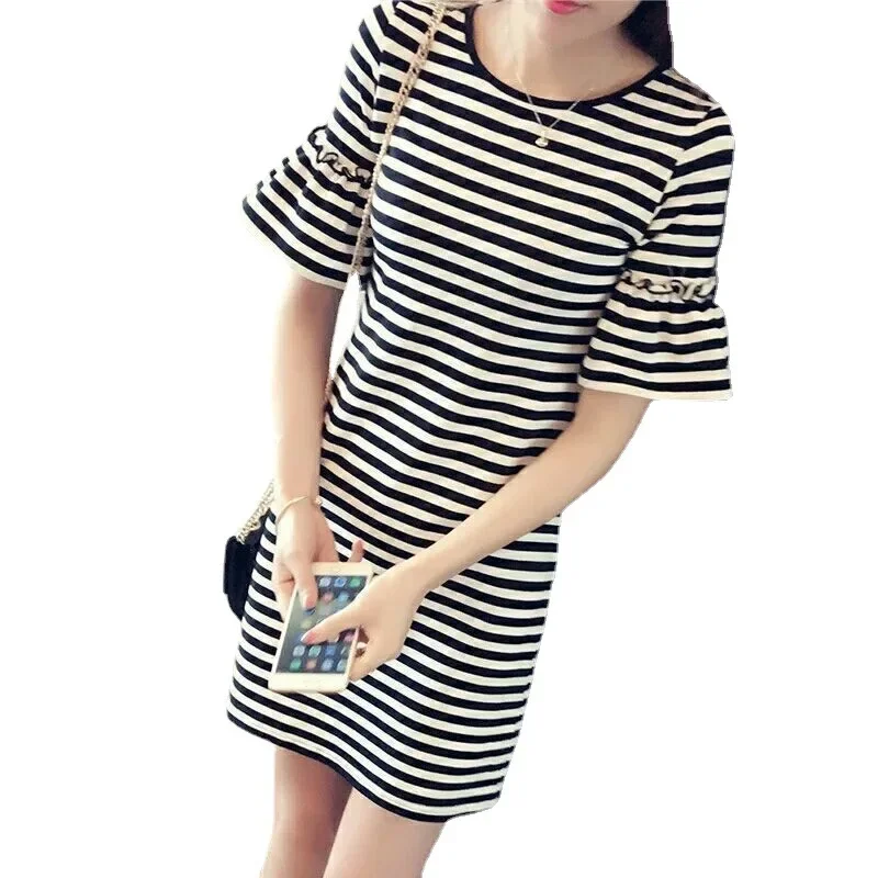 Summer New Dress Medium And Long T-shirt Women's Stripes Loose Korean Version Short Sleeves Large Size Clothes