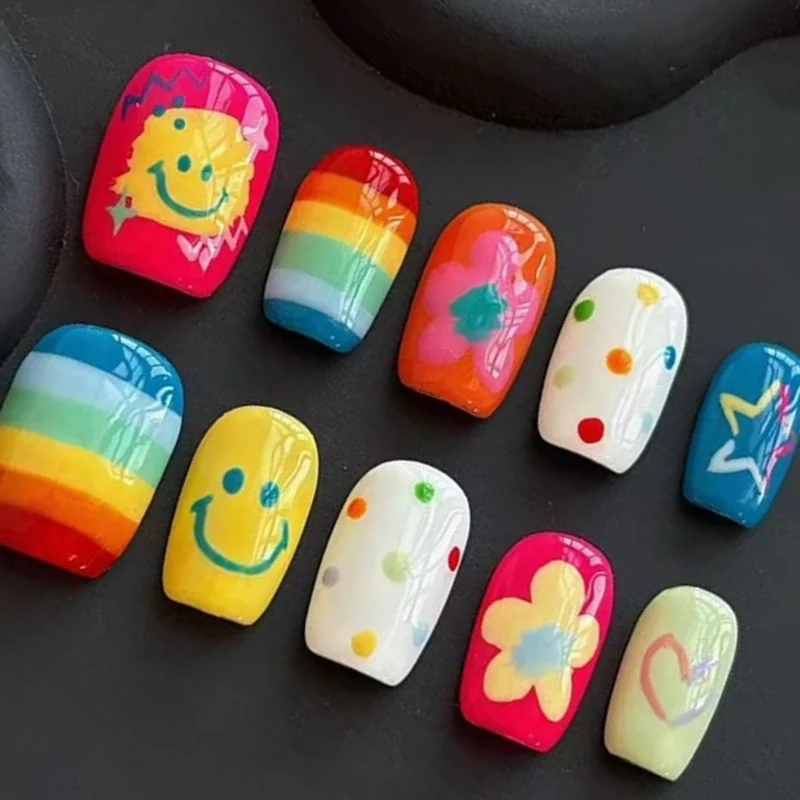 30Pcs Fake Nails Fun Cute Short-Style Press-On Nails with A Dopamine-Inspired Design—High-Quality Nails Perfect for Girls