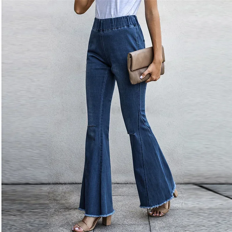 Women Vintage Tassel Solid Full Length Pants Hole Jeans Flared Pant Casual Elastic Waist Slim Loose Office Lady Denim Trousers