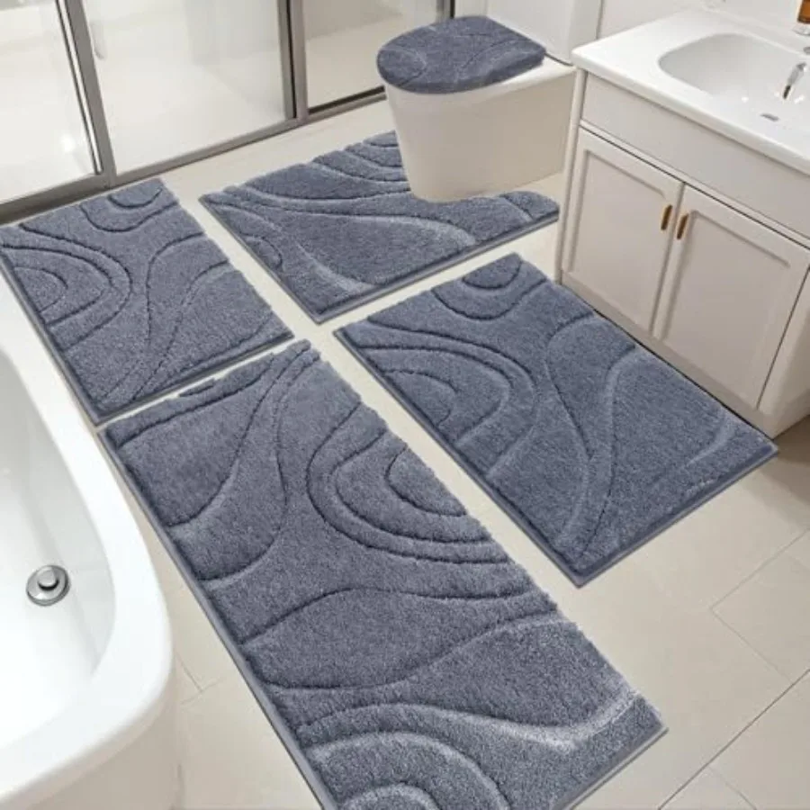 

HEBE Bathroom Rugs Sets 5 Pcs Soft Absorbent Microfiber Bath Mat for Bathroom Non Slip Washable Bath Rug Set with Toilet Cover