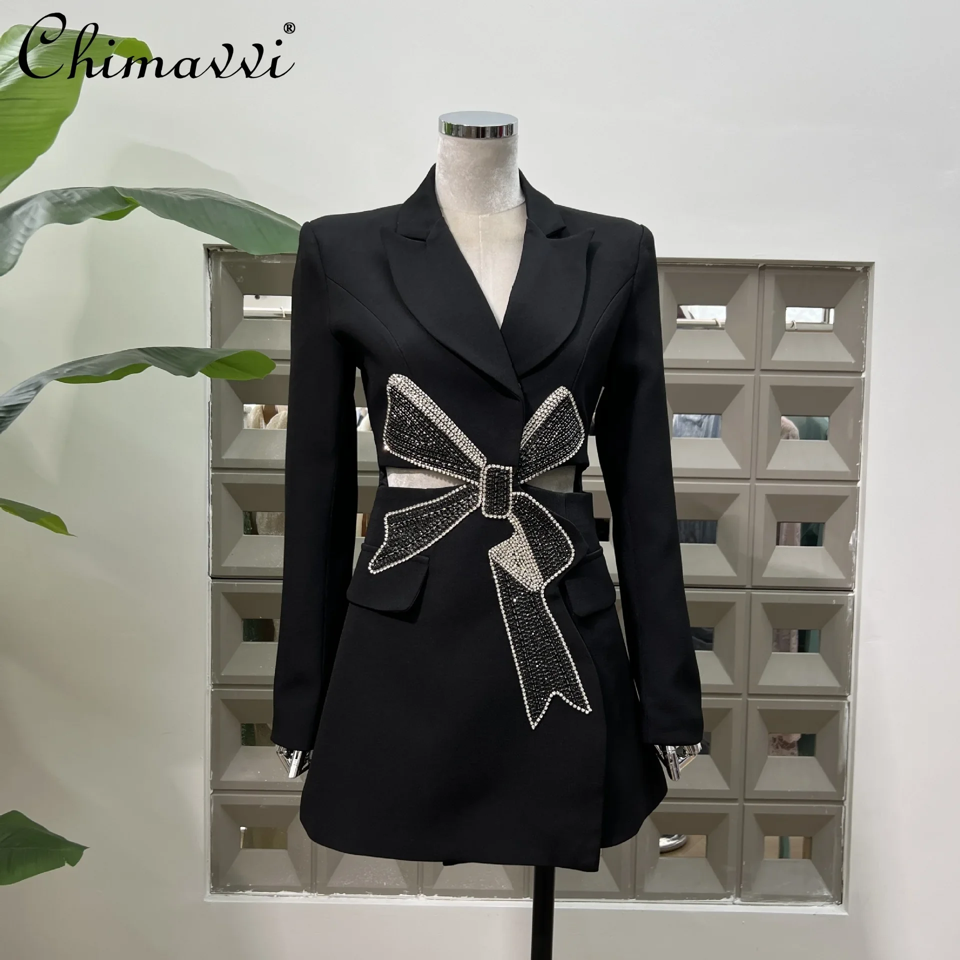 

French Elegant Office Lady Business Dress Diamond Bow Hollow High Waist Slim A-line Black Commuter Suit Dress Women Spring 2025