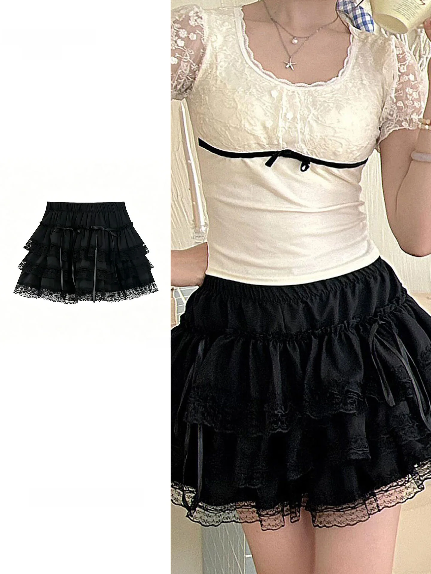 

Black Lace Ballet Style Half Skirt Cake Skirt Women's Summer Anti-Light A-Line Short Skirt Fluffy Skirt Slimming Effect