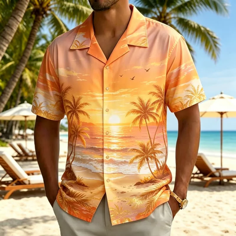 

Men's vintage panoramic landscape printed Hawaiian shirt, for summer travel, coastal hiking, leisure travel, and street wea