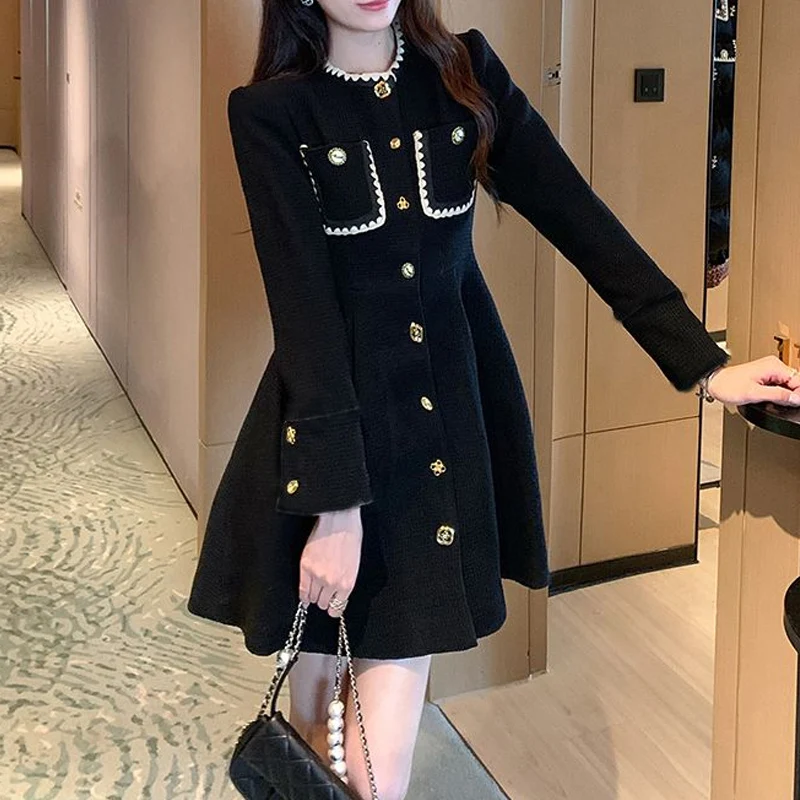 Spring Autumn New Round Neck Long Sleeve Fashion Mini Dress Women High Street Button Patchwork Vestidos Elegant All-match Dresse