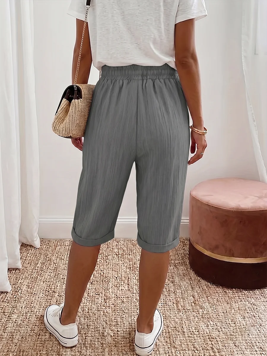 Damen-Sommer-Shorts mit Textur, knielang, elastische Taille, Kordelzug, lockere Bermuda-Hose mit weitem Bein und Taschen, Streetwear – Detail 2