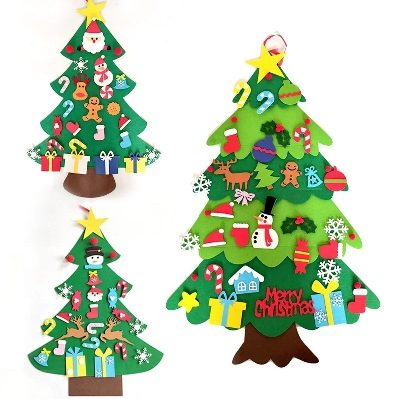 DIY Felt Christmas Tree Wall Hanging Artificial Xmas Tree with Santa Claus Snowflakes Ornament New Year Party Supplies Gift