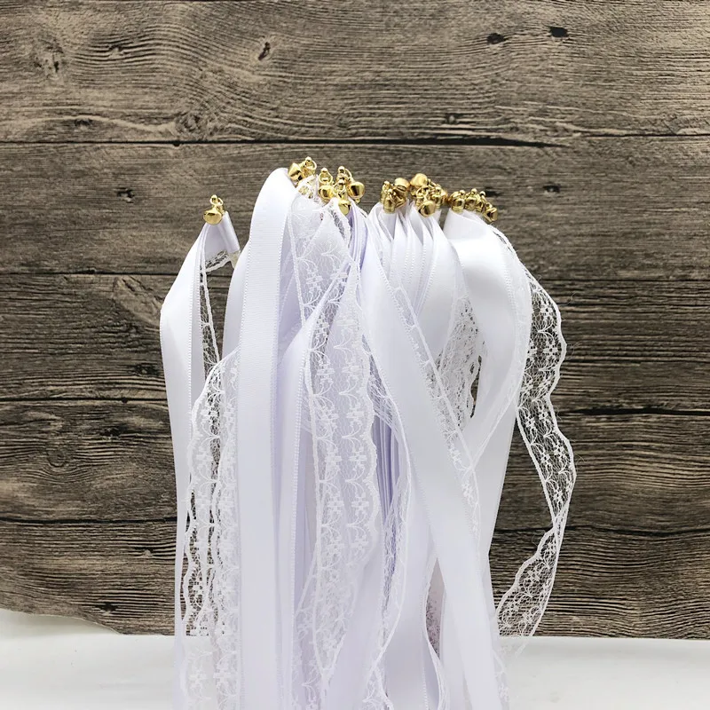 

50pcs White Lace Ribbon Wand Party Fairy Sticks Streamer with Bell Wedding Baby Shower Holiday Activities Celebration Decoration