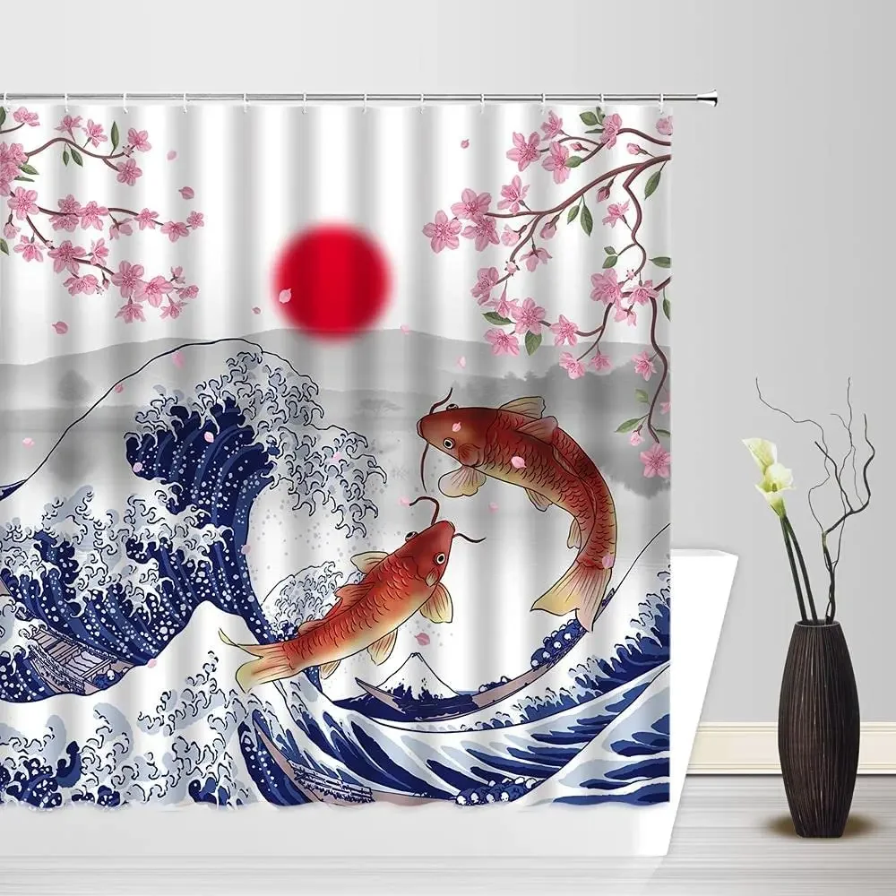 Japanese Waves Shower Curtain Cherry Blossom Pulm Flower Moon Koi Fish Kanagawa  Asian Romantic Fabric Bathroom Curtains