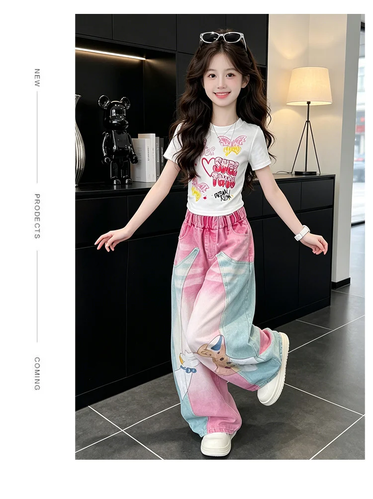 1 Set Mädchen Cartoon-Print-Set Kinder Sommer Kurzarm-Oberteile und Weitbein-Jeans-Anzug Modisches Kostüm Niedliche Kinder-Freizeitsets – Detail 6