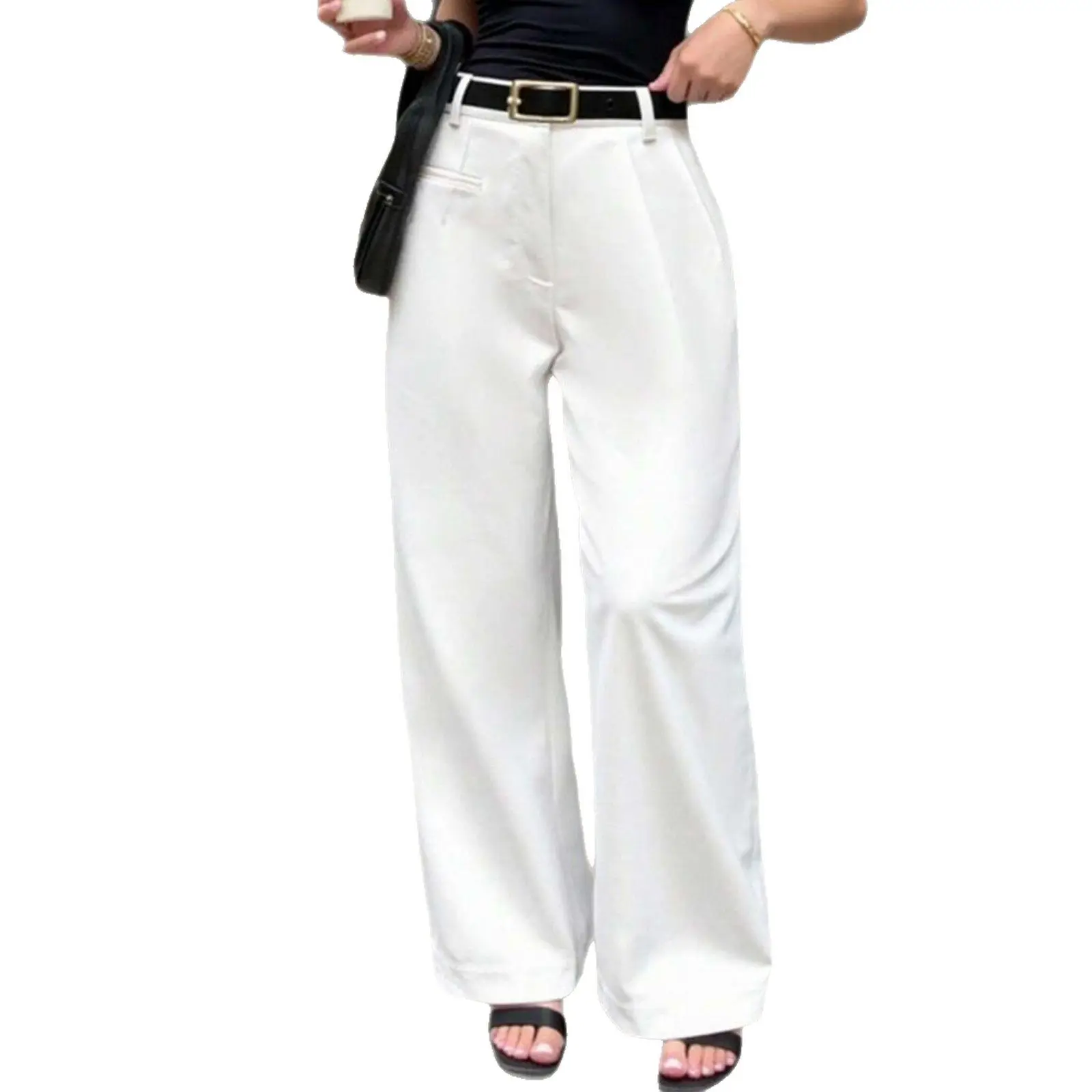 Białe spodnie codzienne damskie, spodnie do pracy, wyszczuplające spodnie z szerokimi nogawkami, modne, z wysokim stanem, inne materiały, 00%