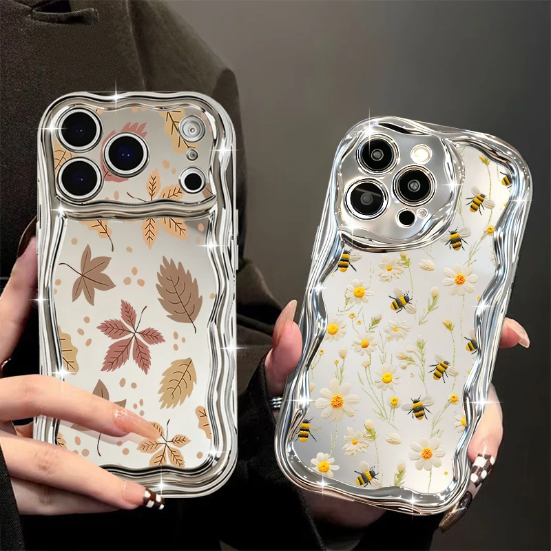 Chapeamento espelho caso para iphone 17 pro max abelha flor folhas padrão tpu capa para iphone 16 pro max 15 14 13 12 11 ar 16e funda