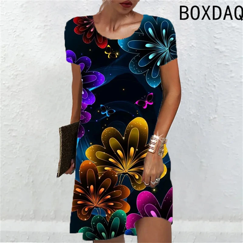 Gradient Floral Print Women Dress New 2024 Summer Women Beach Sundress Fashion Short Sleeve Loose Casual A-Line Dress Streetwear