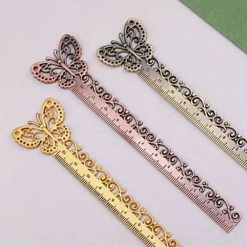 ヴィンテージ中空バタフライイチョウ定規、細かい彫刻、測定ツール、多機能ストレートブックマーク、1個