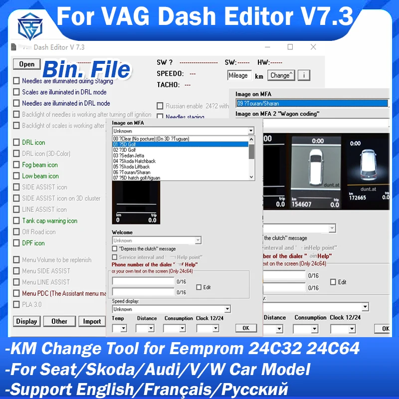 

For VAG Dash Editor V7.3 For Eeprom 24C32 24C64 Immobilizer Mileage KM Adjustment Software for Skoda for Seat for Audi BIN. File
