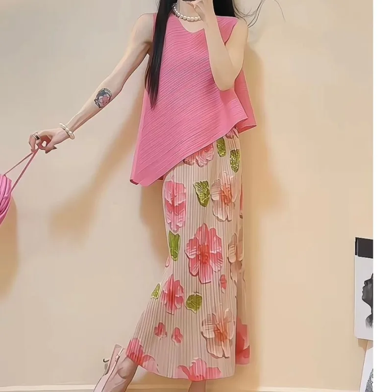 Women's Suits Summer Tops Design Pink Round Neck Sleeveless Irregular Pleated T-shirt Printed Elastic Waist Loose Long Skirts