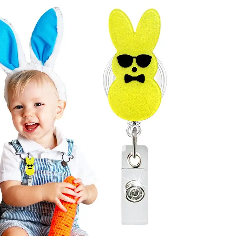 Rabbit Badge Holder Acrylic Glitte Retractable Easter Clip Badge Reel Card Holder For Doctors Nurses Students Teachers